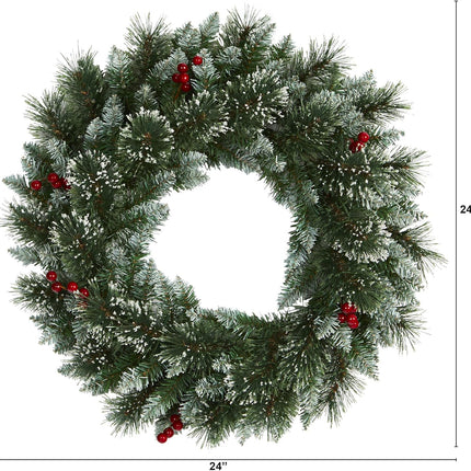 Nearly Natural 24in. Frosted Swiss Pine Artificial Wreath with 35 Clear LED Lights and Berries, Green, 5x24x24