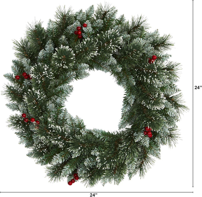 Nearly Natural 24in. Frosted Swiss Pine Artificial Wreath with 35 Clear LED Lights and Berries, Green, 5x24x24