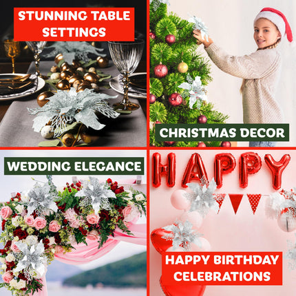 Ubrave 12PCS White Poinsettia Christmas Tree Decorations Glitter Artificial Poinsettia Flowers White Poinsettia Christmas Tree Ornaments, Easy to Apply with Box