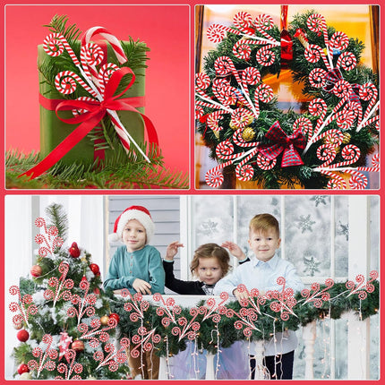 12 Pcs 16 Inch Red White Christmas Tree Picks Decoration Candy Cane Woolen Curly Pick Lollipop Large for Xmas Tree Topper Decor Home Vase Filler Craft Wreath Holiday Party Ornament Garland
