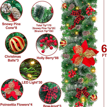 6 Ft 50 LED Prelit Christmas Garland Lights Decoration Timer Battery Operated 8 Modes 20 Snowy Bristle Pine,3 Bows,4 Poinsettia,3 Ball Ornaments,12 Snowy Pinecone,132 Red Berries for Home Indoor Decor