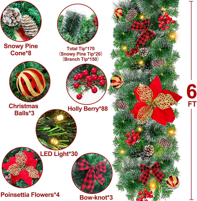 6 Ft 50 LED Prelit Christmas Garland Lights Decoration Timer Battery Operated 8 Modes 20 Snowy Bristle Pine,3 Bows,4 Poinsettia,3 Ball Ornaments,12 Snowy Pinecone,132 Red Berries for Home Indoor Decor