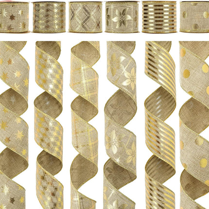 MEEDEE Gold Burlap Wired Ribbon 2.5 Inch 6 Rolls 36 Yards Christmas Ribbon Burlap Ribbon for Christmas Tree Gold Burlap Ribbon Gold Tree Ribbon Garland Gold Stripe Ribbon Christmas Ribbon Set