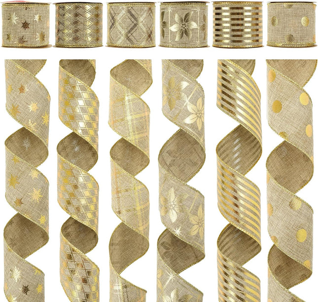 MEEDEE Gold Burlap Wired Ribbon 2.5 Inch 6 Rolls 36 Yards Christmas Ribbon Burlap Ribbon for Christmas Tree Gold Burlap Ribbon Gold Tree Ribbon Garland Gold Stripe Ribbon Christmas Ribbon Set