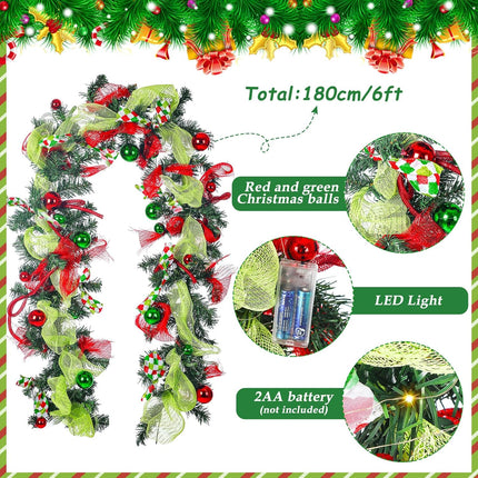 Riceshoot 6 ft Red and Green Christmas Garland with Lights for Mantle Bright Green Whimsical Xmas Garland with Red Green Balls for Front Door Fireplace Porch Table Centerpiece Outdoor Party Decor