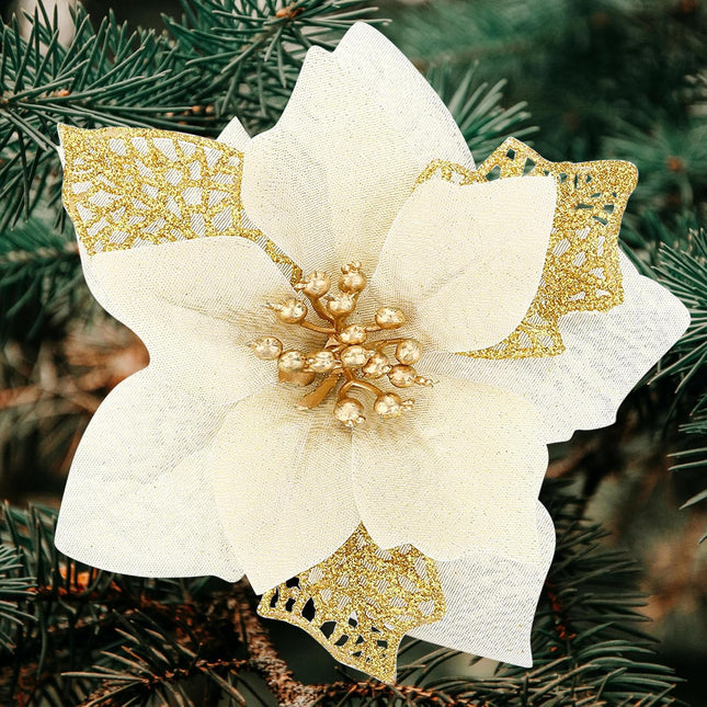 SITUMEIZI 24 Pcs Gold Poinsettia Artificial Christmas Flowers 5.5" Glitter Poinsettias Christmas Tree Decoration Flower with Stems & Clips for Wreath Xmas Tree Year Party Ornament Wedding