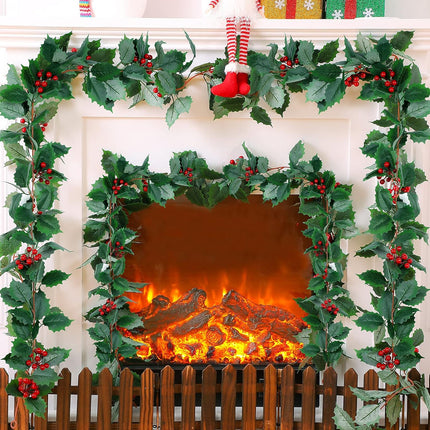 3 Pieces Green Garland 5.7 Ft Artificial Christmas Red Berry Flower Vine Winter Holly Leaves Garland Outdoor for Xmas Christmas Fireplace Home Decor (Classic Style)