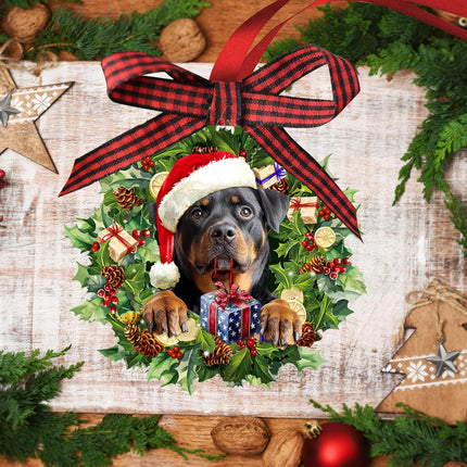 Talataca Rottweiler 2D Flat Wooden Christmas Ornament, Rottweiler Dog Wearing A Christmas Hat Wreath Pine Tree Decor, Hanging House Charm Eve Keepsake, Wood Car Mirror Accessories, Xmas