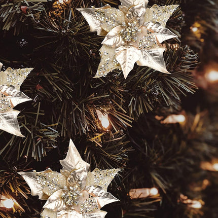 6pcs Artificial Christmas Poinsettias for Decoration, Glitter Flower Christmas Tree Ornaments Wedding Holiday Wreath Garland Decor with Clip(Champagne Gold)