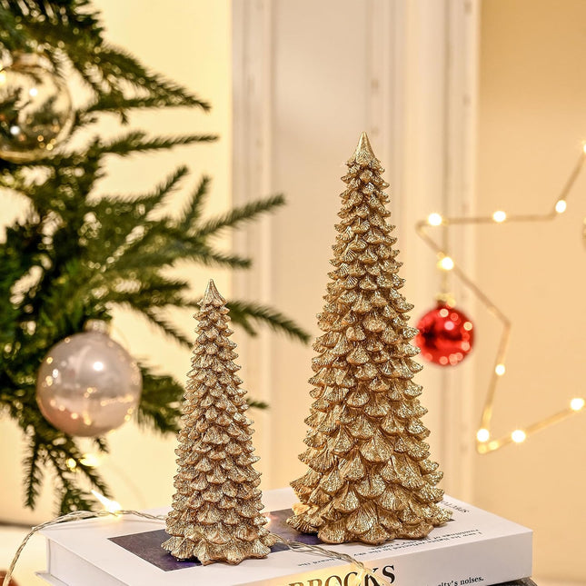 Gold Christmas Tree Figurines, 2Pcs Resin Glitter Christmas Tree for Tabletop Decoration, Small Christmas Tree Set, Decorative Xmas Trees for Christmas Mantel Indoor Home Decor