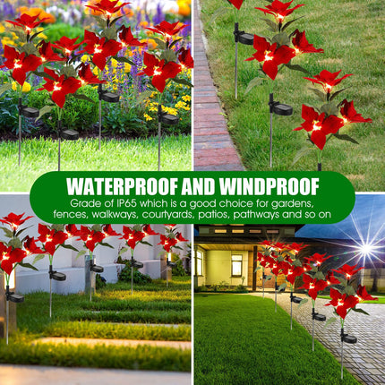 12 Pcs Solar Poinsettia Stakes Lights, IP65 Waterproof Solar Flower Lights Landscape Lighting Simulation LED Lights Suitable for Christmas Pathway Garden Yard Lawn Outdoor Decoration
