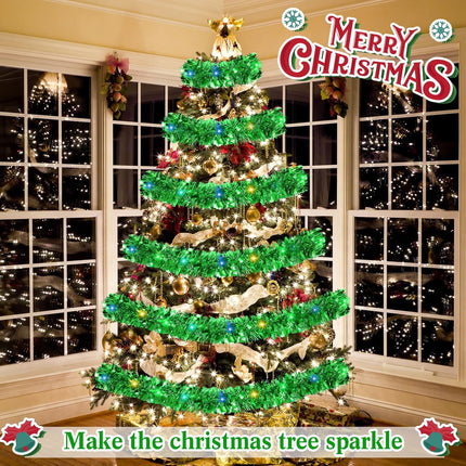 Jutom 99 ft Total 3 Pcs Christmas Pre Lighted Tinsel Garland Hanging Metal Twisted Wire Garland with LED Lights Battery Operated Christmas Garland for Christmas Tree Mantle Decoration (Green)