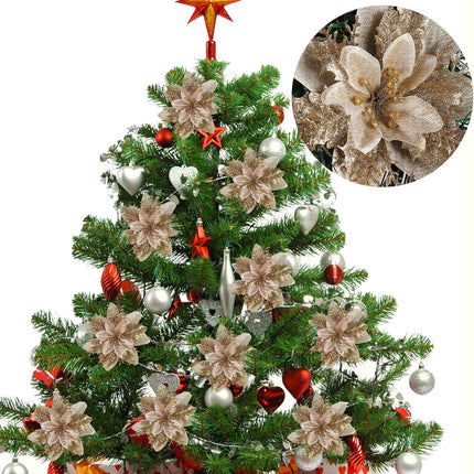 RECUTMS 10 Pcs Christmas Glitter Artificial Poinsettia Flowers 6inch Christmas Wreath Christmas Tree Flowers Ornaments Holiday Seasonal Decorations (Gold, 6inch)