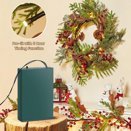 Brightown Christmas Garland with Lights, Battery Operated, 6 Ft 20 LED Lighted Pine Leaves Garland Decorated with Pine Cones, Berry, Eucalyptus Leaves, Indoor Christmas Lights for Mantle Stairs Wall