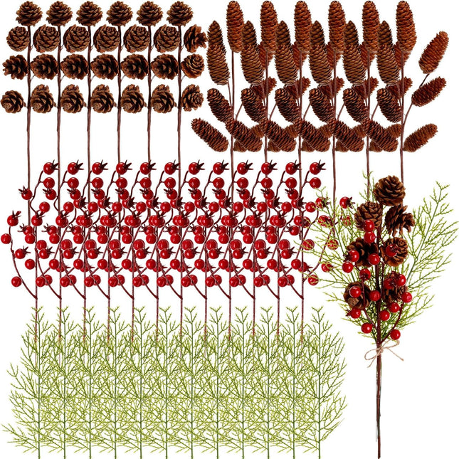 48PCS Christmas Berries Pine Picks Bulk Artificial Berry Stems Frosted Pine Branches Xmas Tree Picks Pinecones Vase Bouquets Wreath DIY Craft(Classic)