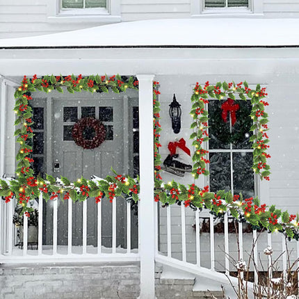 ATDAWN 9 FT Red Berry Christmas Lighted Garland, Battery Operated Christmas Garland with Lights, Flexible Artificial Pre Lit Garland for Indoor Fireplace Christmas Holiday Year Decoration, 2 Pack