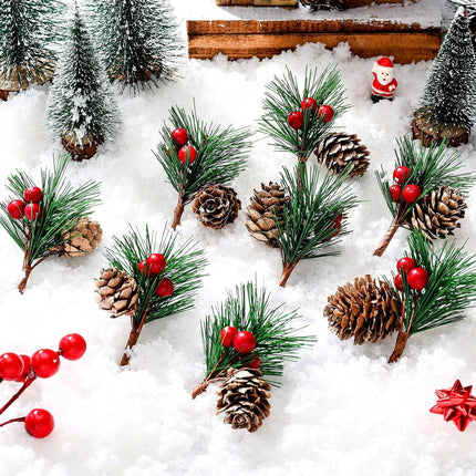 30 Pieces Christmas Artificial Pine Needle Artificial Pine Stems and 2 Pieces Hemp Rope for Xmas Party Wrapping Decor Wreaths Arrangement Tree Ornaments Wedding Supplies (Red)