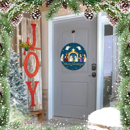 Nativity Scene Wooden Door Decor Merry Christmas Wreath Sign Holy Nativity Wreath Religious Nativity Door Decoration Christmas Farmhouse Wall Hanging Decorations with Rope for Home
