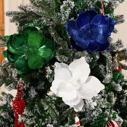 GL-Turelifes 10’’ Large Glitter Christmas Flowers 6 Pcs Artificial Magnolia Flower Ornaments Fold Floral for Christmas Tree Decorations Xmas Tree Year Party Wedding Centerpiece (Green)