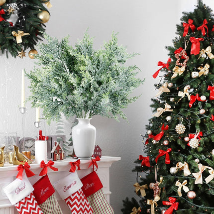 Sggvecsy 8 Pack Snowy Artificial Pine Branches Frosted Faux Cedar Spray 19’’ Long Greenery Cedar Picks Christmas Cedar Stems for DIY Garland Wreath Xmas Embellishing Garden Home Decoration
