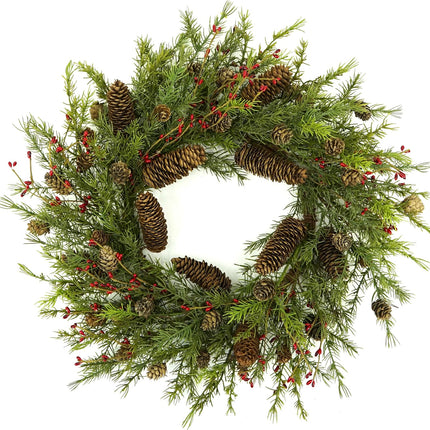 22 inch Artificial Christmas Wreath with Pine Cones and Needles for Indoor Outdoor Holiday Home Decor