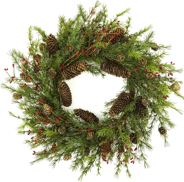 22 inch Artificial Christmas Wreath with Pine Cones and Needles for Indoor Outdoor Holiday Home Decor