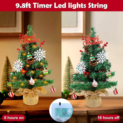23.6" Mini Christmas Tree Table Top Lighted Artificial Xmas Tree Rustic Burlap Base - Small Tabletop Christmas Tree with Red Berries Stem Snowflake Christmas Ball Ornaments for Xmas DIY Decorations