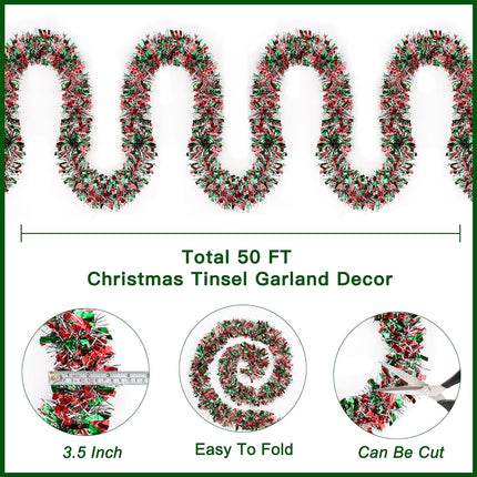 50FT Red Green Silver Christmas Tinsel Garland Metallic Twist Shiny Garland for Christmas Tree Decorations, Xmas Holiday Hanging Garland for Home Mantle Stair Indoor Outdoor Party Supplies Decor