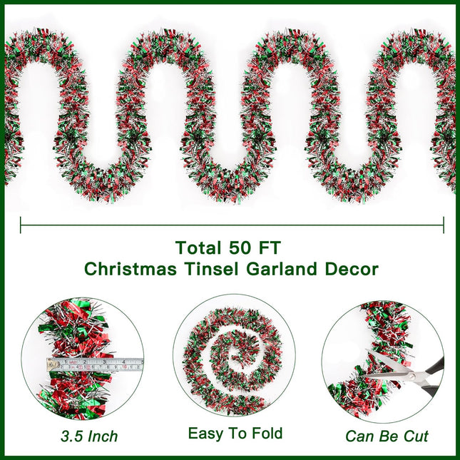 50FT Red Green Silver Christmas Tinsel Garland Metallic Twist Shiny Garland for Christmas Tree Decorations, Xmas Holiday Hanging Garland for Home Mantle Stair Indoor Outdoor Party Supplies Decor