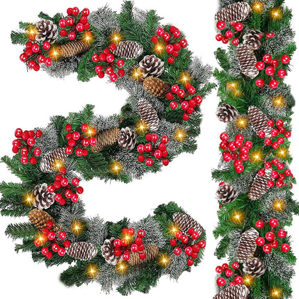 [ 2 Pack & Timer 8 Modes ] 9 Ft 100 LED Each Prelit Christmas Garland Lights 300 Thick Branch 198 Red Berry 18 Snowy Pinecone Waterproof Xmas Garland Christmas Decorations, Total 18 Ft 200 Warm Lights
