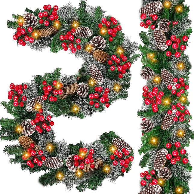 [ 2 Pack & Timer 8 Modes ] 9 Ft 100 LED Each Prelit Christmas Garland Lights 300 Thick Branch 198 Red Berry 18 Snowy Pinecone Waterproof Xmas Garland Christmas Decorations, Total 18 Ft 200 Warm Lights