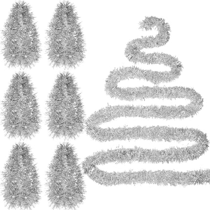 Shappy 196.8 Feet 6 Rolls Christmas Tinsel Garland Glitter Metallic Twist Garland for Xmas Tree Wedding Birthday Party Supplies Hanging Decorations(Silver)