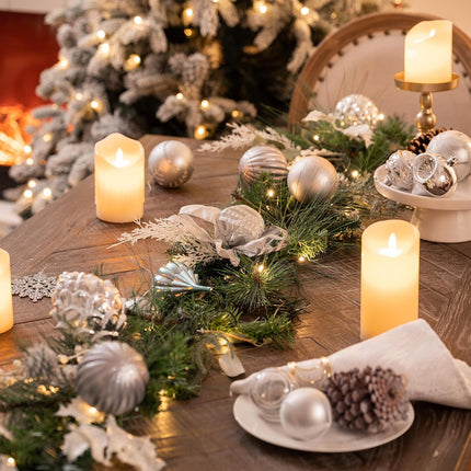 Valery Madelyn 9 feet Pre-Lit Christmas Garland with Lights for Mantle, Lighted Battery Operated Xmas Garland with Silver White Balls Ribbons for Front Door Fireplace Table Centerpiece Outdoor Decor