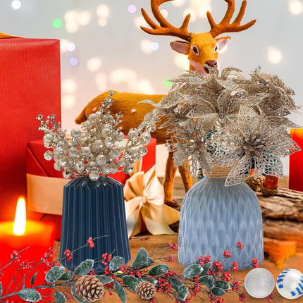 Zhuqing 22Pcs Christmas Poinsettia Artificial Flowers and Glitter Berries Stems Kit, 16Pcs Christmas Tree Flowers Ornaments and 6 Pack Christmas Tree Picks for Wedding Holiday Decorations (Champagne)