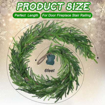 Real Touch Norfolk Pine Garland Faux Christmas Garland Pre Lit Artificial Pine Greenery Garlands with Warm White LED Lights for Xmas Holiday Wedding Party Outdoor Decorations (6 Feet, 2)