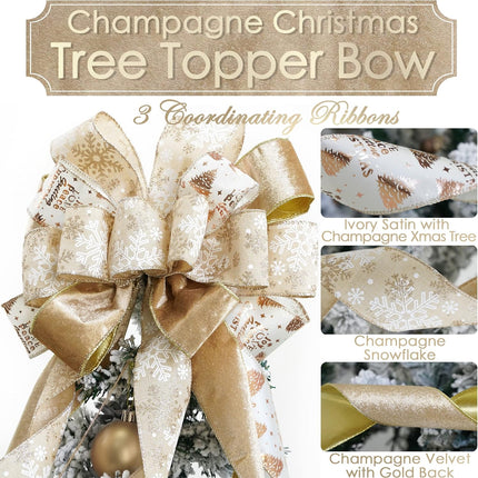 MEEDEE Champagne Christmas Tree Topper Champagne Glitter Christmas Bows 12" Wide Velvet Christmas Bows Gold Christmas Bows Champagne Bows for Christmas Tree Velvet Bows for Christmas Tree (1 Pack)