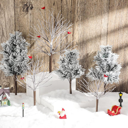 6 Pieces Christmas Village Trees Set, Village Bare Branch Trees Accessory Figurine, Snow Covered Village Trees for Christmas Tree Displays, Christmas Trees Decor with Cardinals (Elegant Style)