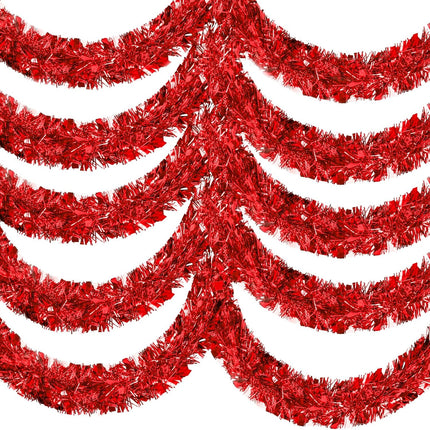 50FT Red Christmas Tinsel Garland, Metallic Twist Shiny Hanging Garland Ornaments for Xmas Tree Party Supplies Thick Thin Metallic Streamers for Indoor Outdoor Decor