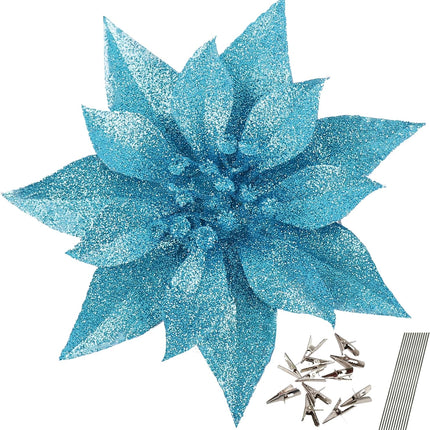 12 Pcs Artificial Christmas Flowers Lake Blue Christmas Ornaments for Tree Decoration with Clips Stems Fake Poinsettias Flowers for Xmas Holiday Wedding Party Wreath DIY