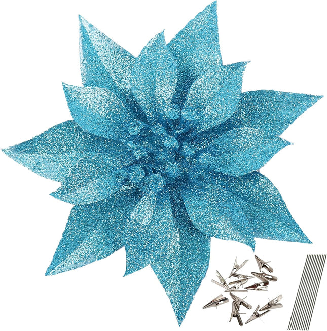 12 Pcs Artificial Christmas Flowers Lake Blue Christmas Ornaments for Tree Decoration with Clips Stems Fake Poinsettias Flowers for Xmas Holiday Wedding Party Wreath DIY