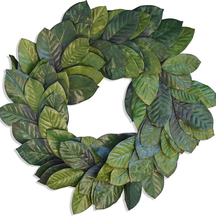 30" Faux Magnolia Leaf Wreath - 2-Tone Green Artificial Boho Wreaths for Front Door, Kitchen, Home- Polyester, Metal Wire, Tape - Farmhouse Decor for Christmas, Wedding, Baby Shower