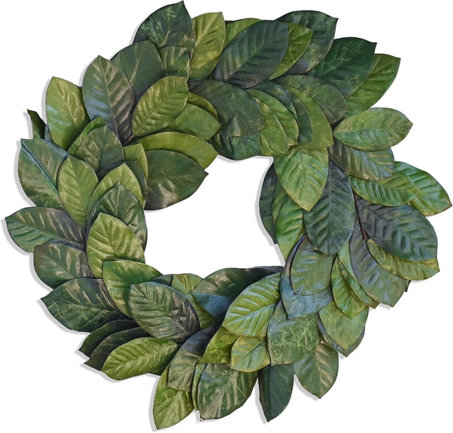 30" Faux Magnolia Leaf Wreath - 2-Tone Green Artificial Boho Wreaths for Front Door, Kitchen, Home- Polyester, Metal Wire, Tape - Farmhouse Decor for Christmas, Wedding, Baby Shower