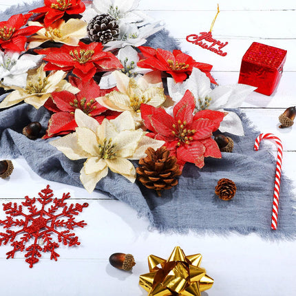 WILLBOND 45 Pieces Christmas Poinsettia Decorations Glitter Poinsettia Flowers Christmas Tree Flowers Red Gold White Silver for Xmas Tree Ornaments, 5 Inch