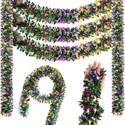 Jutom 108/216/432Ft Mardi Gras Tinsel Garland Green Purple Gold Wide Cut Metallic Streamer Shiny Twist Garland Hanging Decor for Mardi Gras Christmas Tree Oktoberfest Disco Party Supplies(6 Rolls)