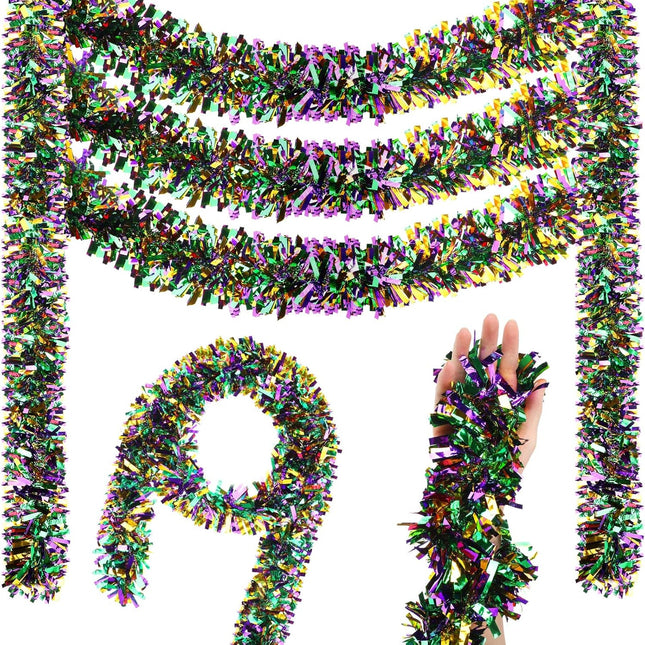 Jutom 108/216/432Ft Mardi Gras Tinsel Garland Green Purple Gold Wide Cut Metallic Streamer Shiny Twist Garland Hanging Decor for Mardi Gras Christmas Tree Oktoberfest Disco Party Supplies(6 Rolls)