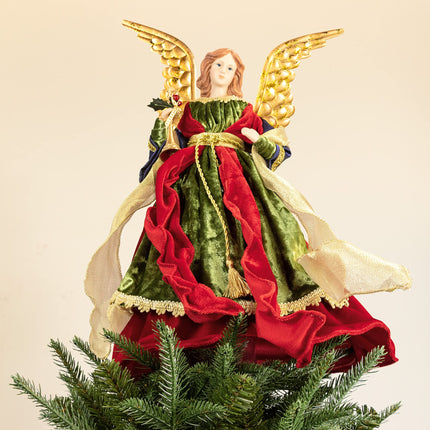 KI Store Angel Christmas Tree Topper 18-Inch Red Gold Green Angel Figurines Treetop Unlit for Christmas Decoration