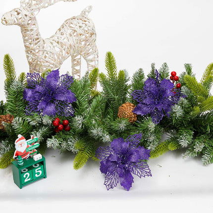 Zhenrui 12 pcs 6” Christmas Poinsettia Flower, Glitter Poinsettia Tree Ornaments, Purple Artificial Flower Decorating Wreath Garland, Great for Wedding Holiday and Home Decor, with Stems