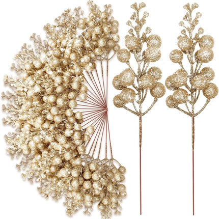 Hotop 100 Pcs Christmas Glitter Berries Stems 7.8 Inch Artificial Sparking Berries Stems Christmas Glitter Faux Berry Sprigs for Tree Ornaments Holiday Xmas Crafts Wreath Garland (Champagne)