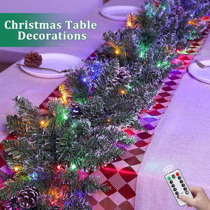 Remote Control&Timer - 9Ft by 12Inch Prelit Christmas Garland Decorations Snowy Thick Garland with 50 Colorful Lights 8 Modes 250 Branch Tips 20 Canyon Pines 10 Pinecones Xmas Garland Mantle Fireplace