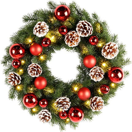 Lulu Home Christmas Front Door Wreath, 15.7" Pre-lit Wreath with Christmas Balls and Pine Cone, Battery Operated 40 LED Light Up Xmas Wreath Decorative Hanging Ornament